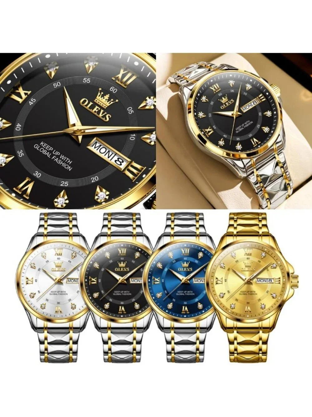 Olevs Men's Silver Gold Stainless Analog Quartz Waterproof Luminous Wrist Watch